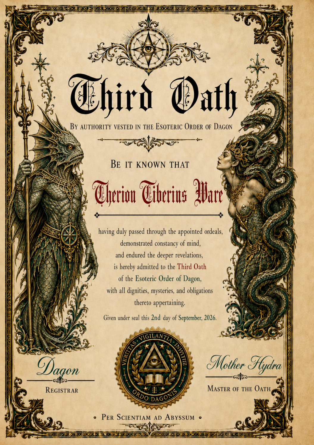 Esoteric Order of Dagon Third Oath certificate